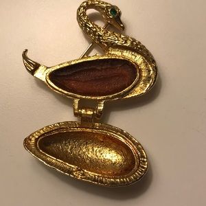 Vintage Goose Swan Perfume Container Brooch Gold Solid Rhinestone Green Eye